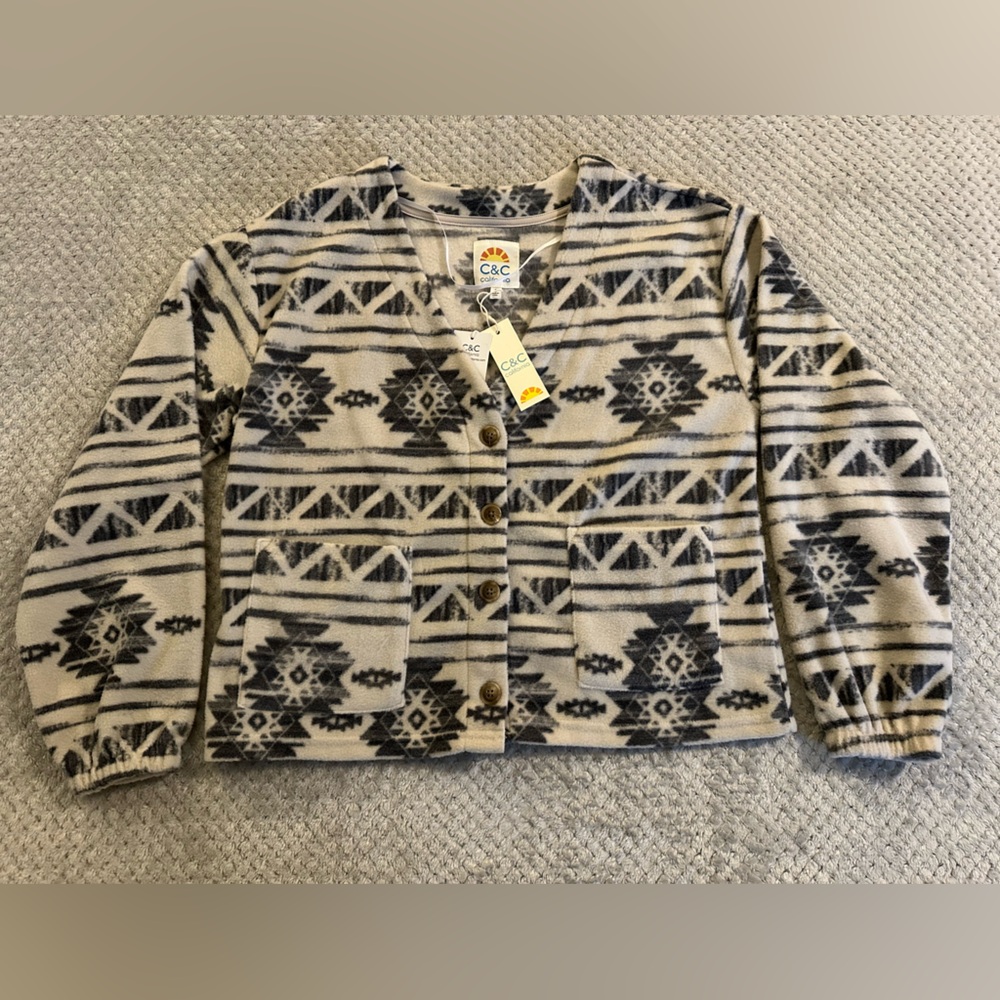 NWT C&C California Cropped Cardigan Fleece Gray Western Polar Aztec Womans Small